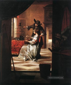 Rembrandt van Rijn Werke - Paar mit Papagei Genre Pieter de Hooch
